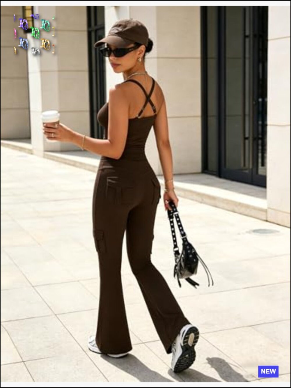 2 Piece Tank Cargo Flare Leggings Set with Pockets Yoga Gym Outfit - Picture 2 of 7